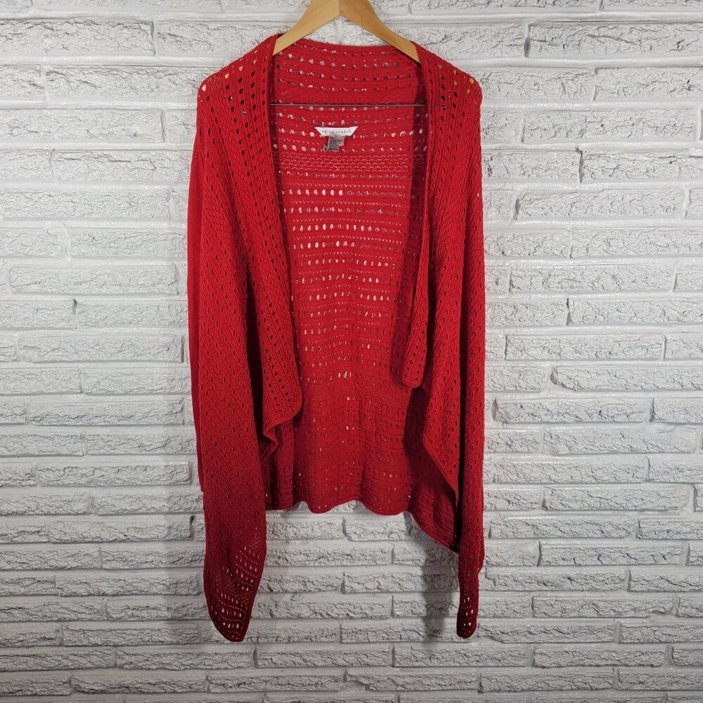 Peter Nygard Women XL Red Cardigan Sweater Open Knit 3/4 Sleeve Solid RED2E